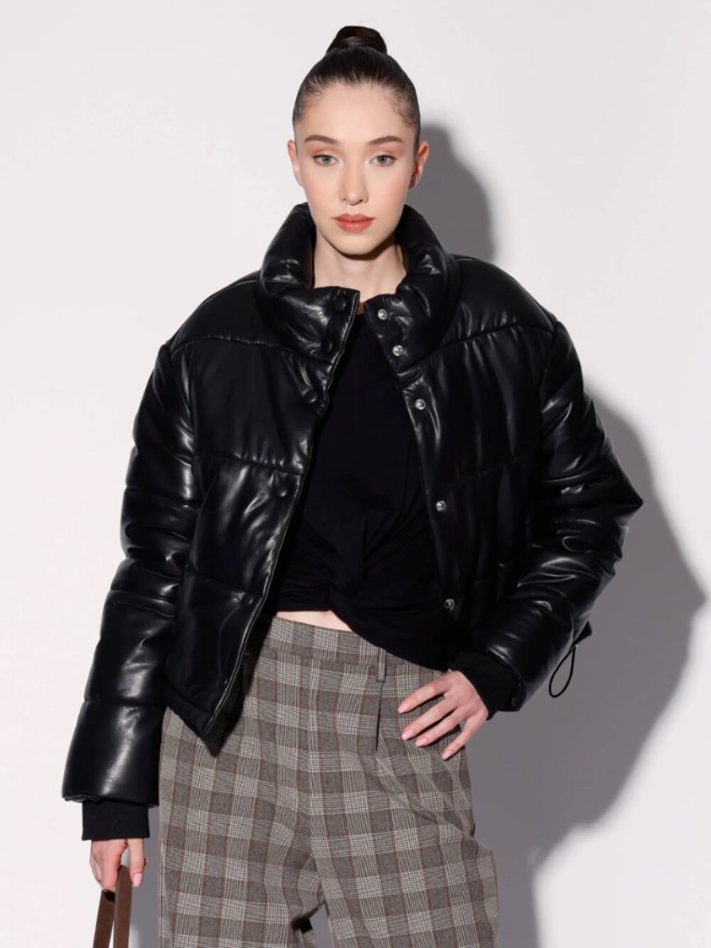Walter Baker Leather Puffer Jacket Black Quilted Stand Collar